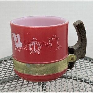 Vintage Siesta Ware Red Mug Wood 3” 50s Rooster Farmhouse Clock Americana Metal